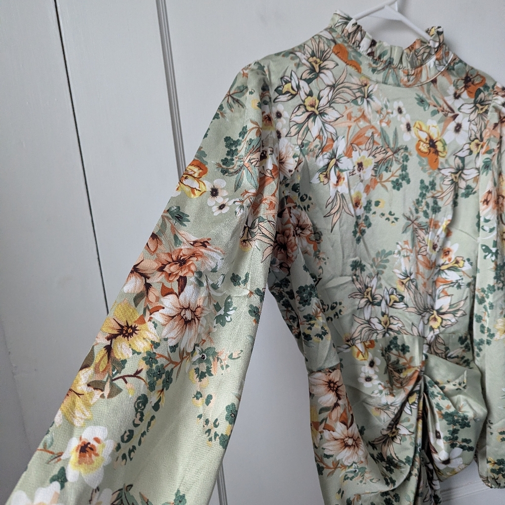 Floral Print High Neck Ruched Midi Dress Sage Green Fairycore Size 4 Boohoo - Picture 6 of 13